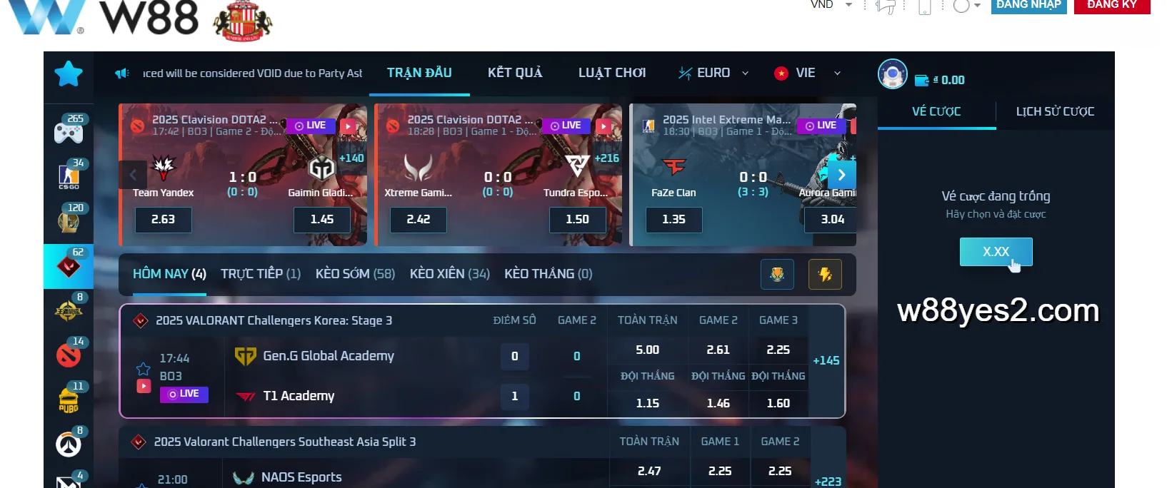 W88 cá cược các giải đấu Valorant